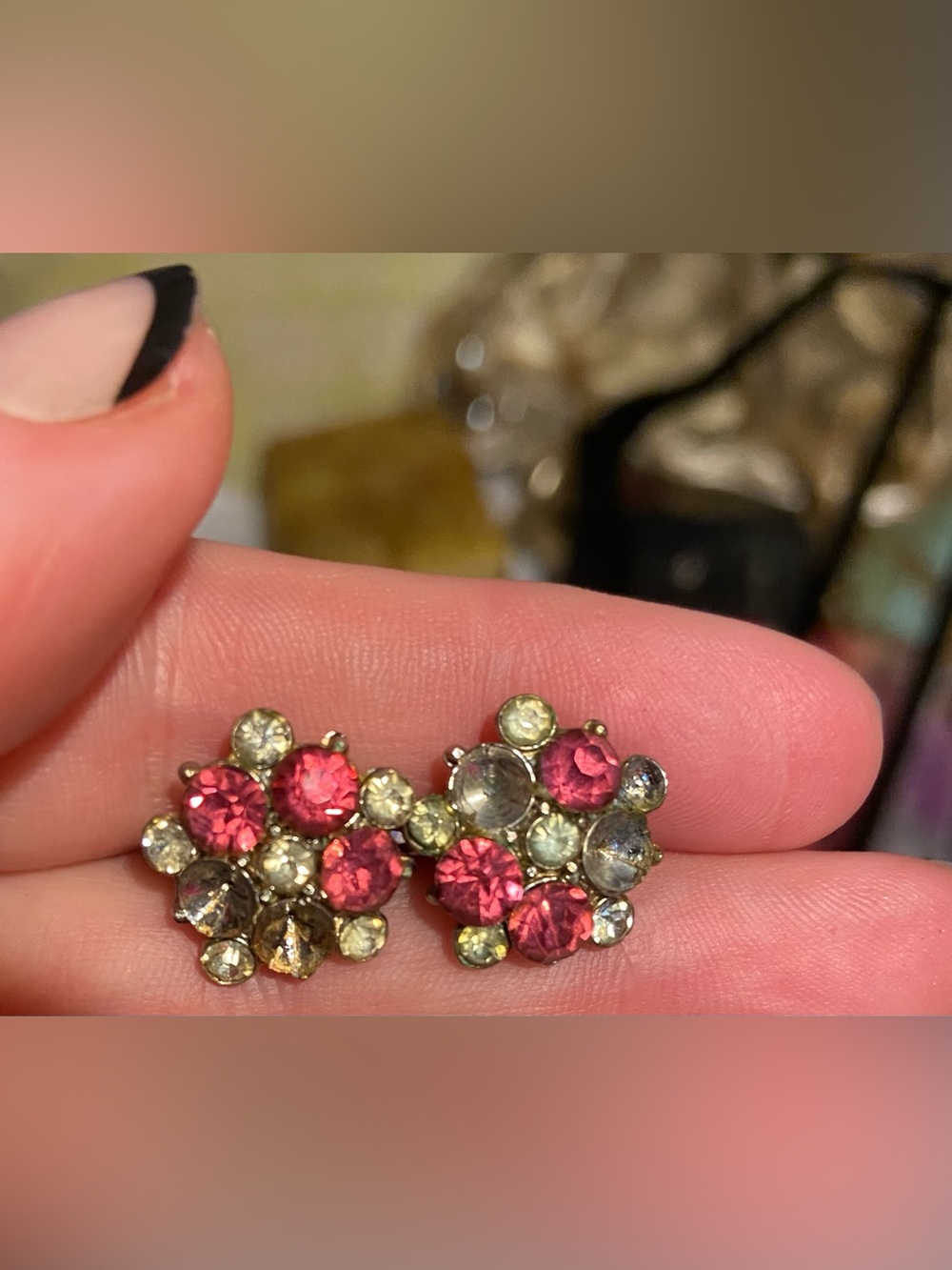 Vintage Pink and Pale Yellow Crystal Cluster Earrings - Vintage